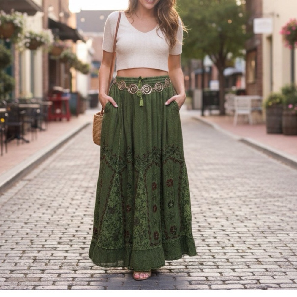 Chic Olive Maxi Skirt with Floral Accents - Picture 4 of 12